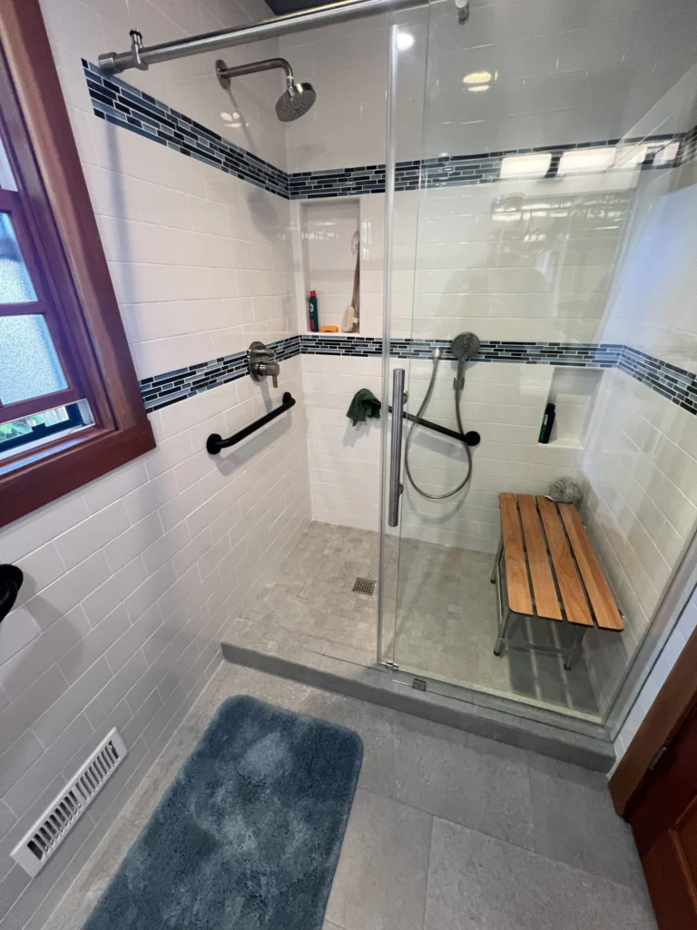 Bathroom remodel: Accessible walk-in shower with teak bench and grab bars, Mill Valley