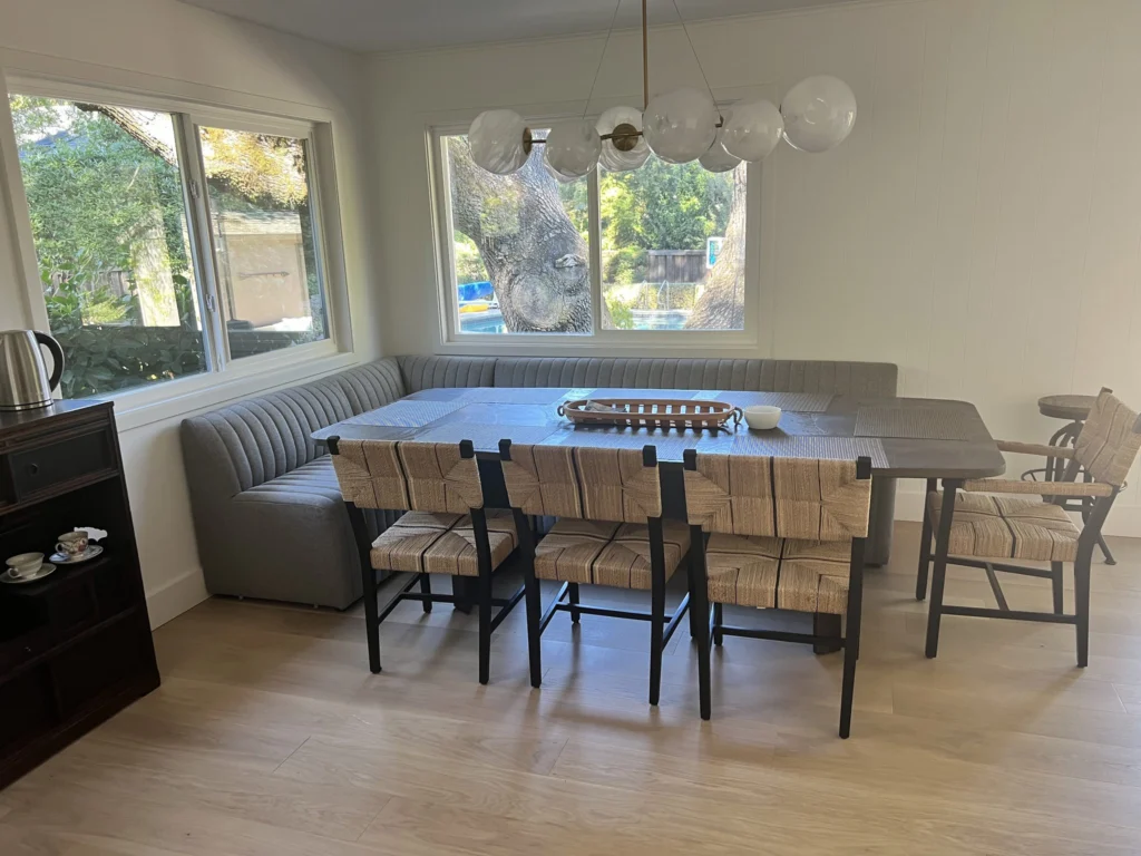 Flooring: Dining nook with built-in banquette, big windows and new oak floor, Sleepy Hollow
