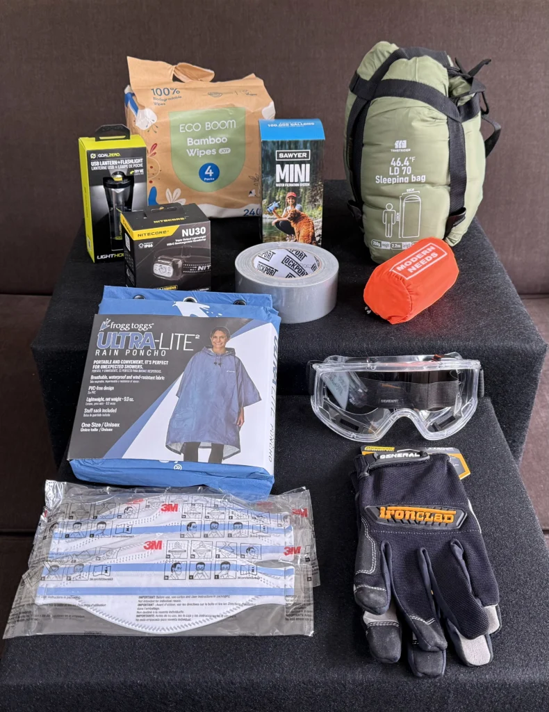 Emergency preparedness cache: Personal item box contents, sleeping bag, Emergency blanket, flashlight/lantern, headlamp, gog…