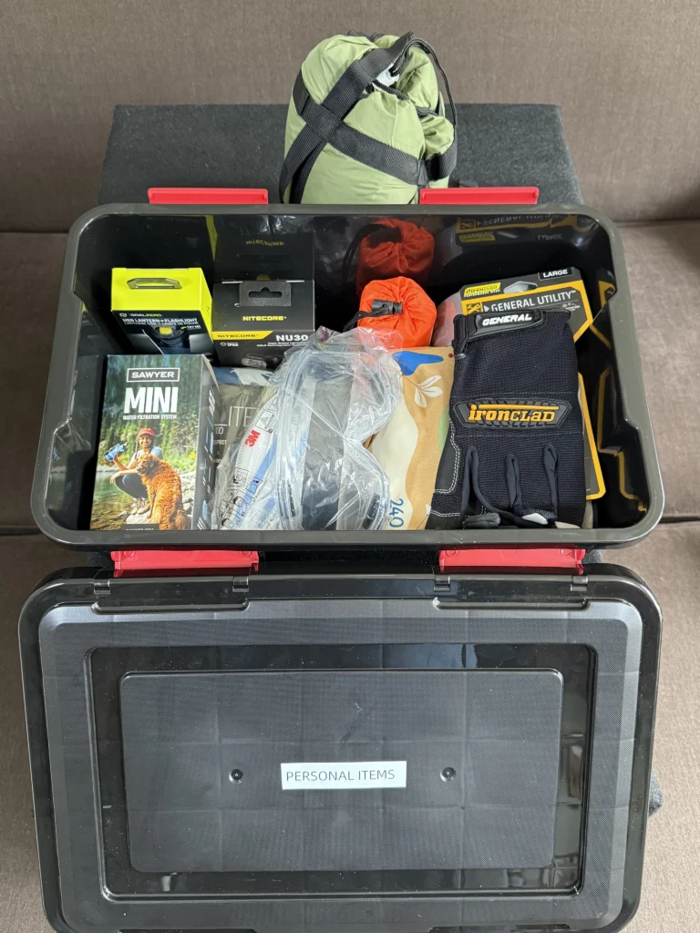 Emergency preparedness cache: Personal items packed in sturdy box