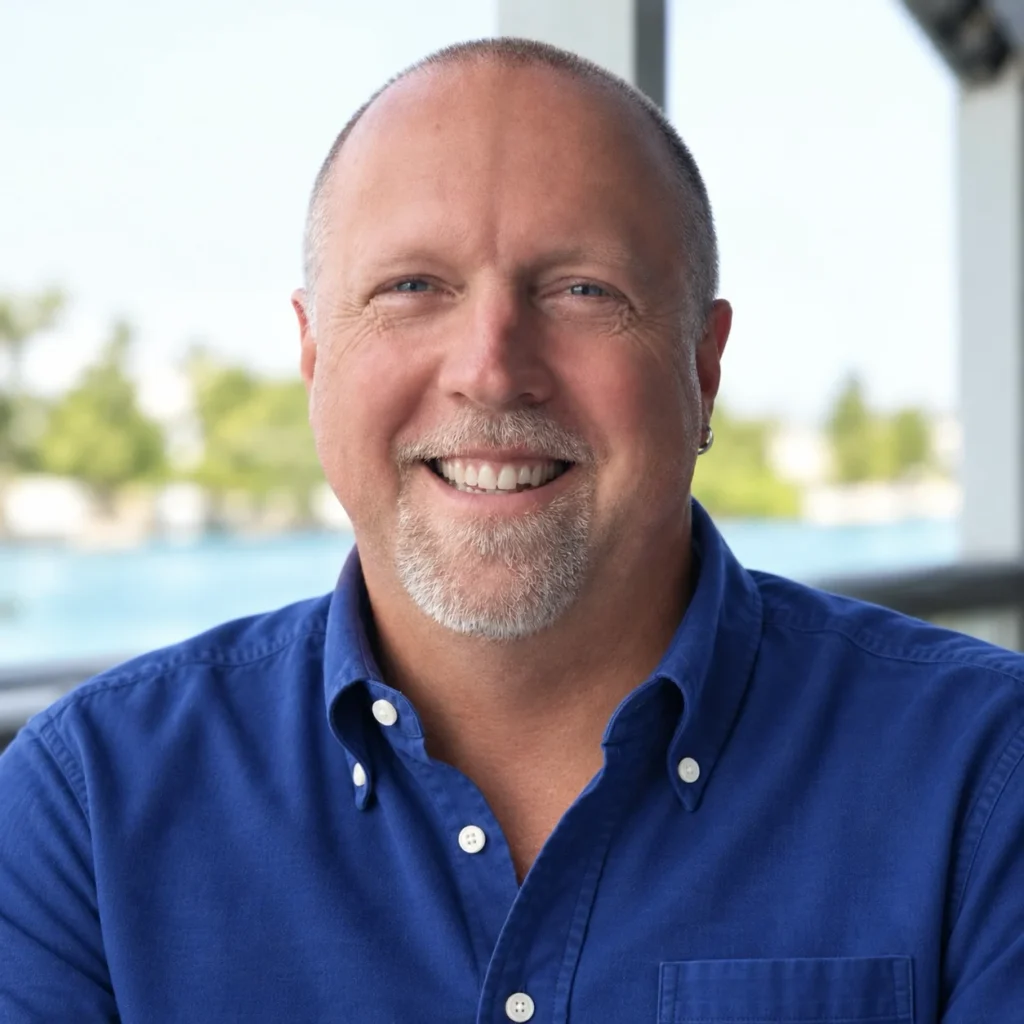 John Leimer, owner of Leimer Construction, smiling in a blue shirt