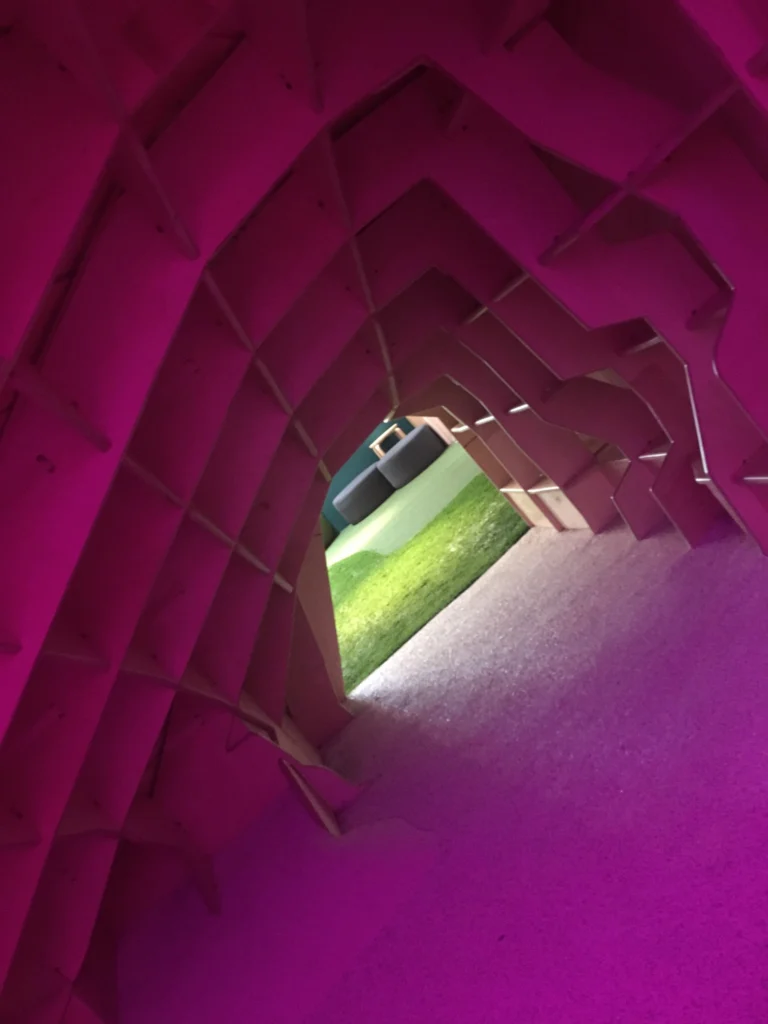 Whole-house remodel: Ribbed play cave lit in magenta, opening onto the turf hill