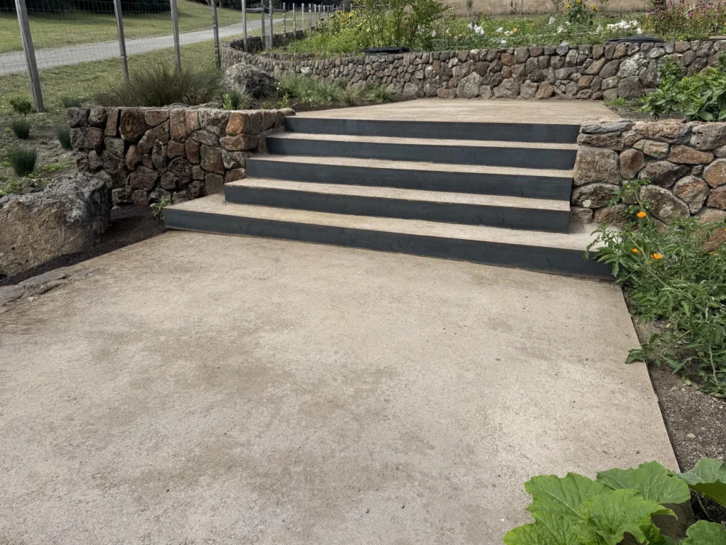 Hardscape: Crushed granite steps between stone terrace walls, Bolinas