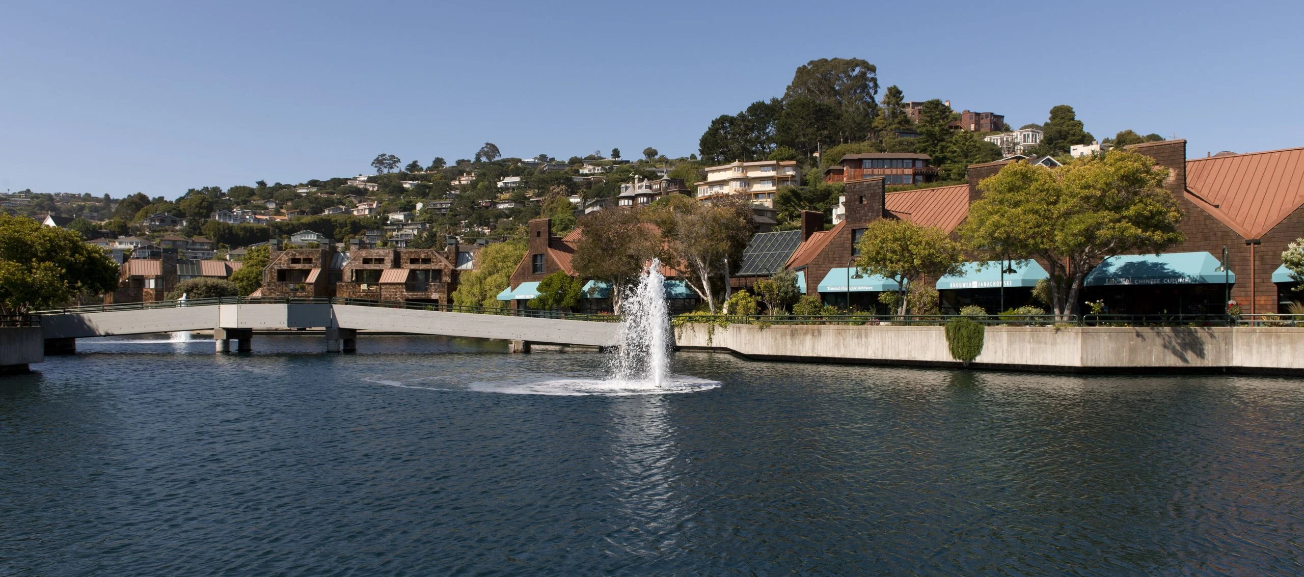 Homes on the Tiburon hillside above a lagoon with a fountain
